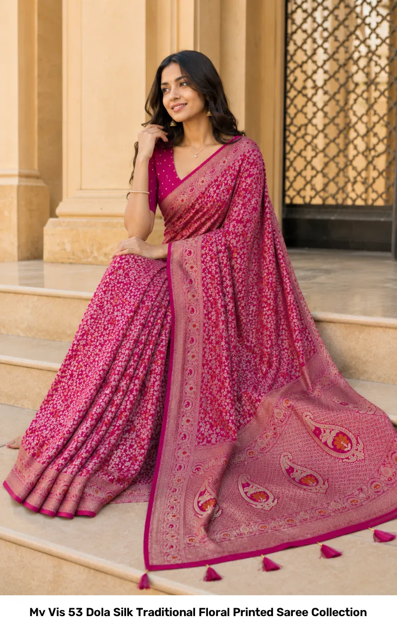 Mv Vis 53 Dola Silk Traditional Floral Printed Saree Collection - Image 7