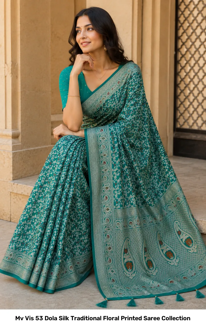Mv Vis 53 Dola Silk Traditional Floral Printed Saree Collection - Image 9