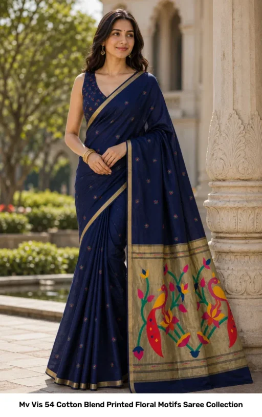 Mv Vis 54 Cotton Blend Printed Floral Motifs Saree Collection