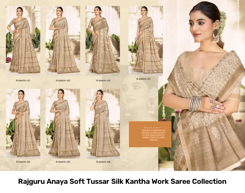Rajguru Anaya Soft Tussar Silk Kantha Work Saree Collection - Image 5