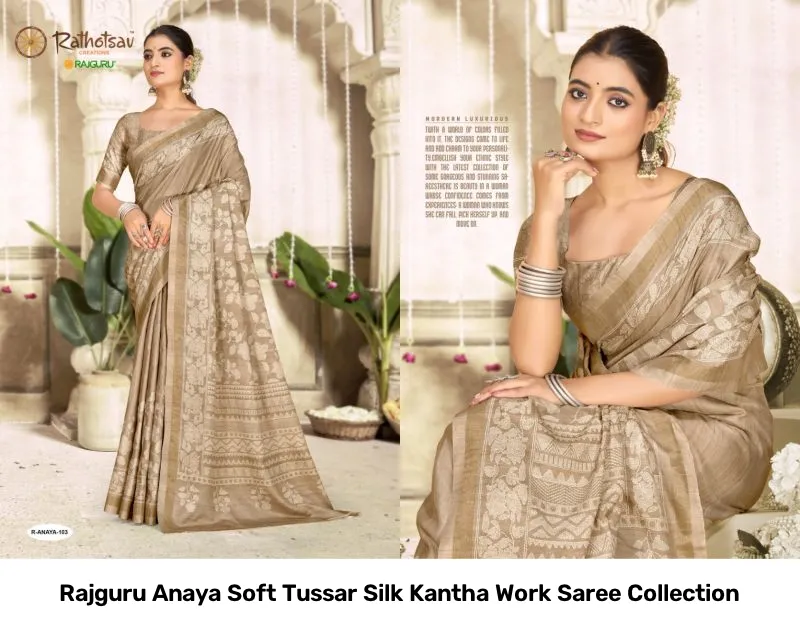 Rajguru Anaya Soft Tussar Silk Kantha Work Saree Collection - Image 7
