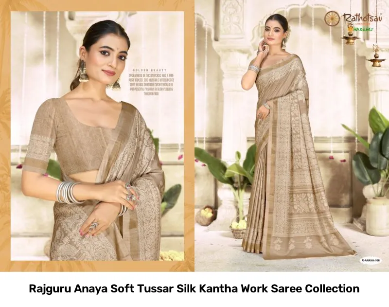 Rajguru Anaya Soft Tussar Silk Kantha Work Saree Collection - Image 8