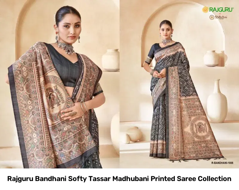 Rajguru Bandhani Softy Tassar Madhubani Printed Saree Collection - Image 2