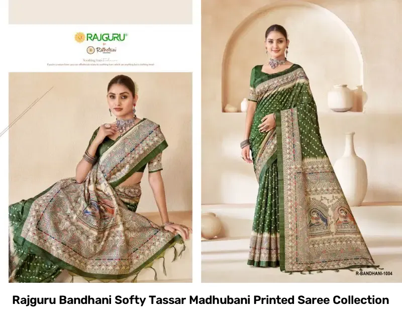 Rajguru Bandhani Softy Tassar Madhubani Printed Saree Collection - Image 3