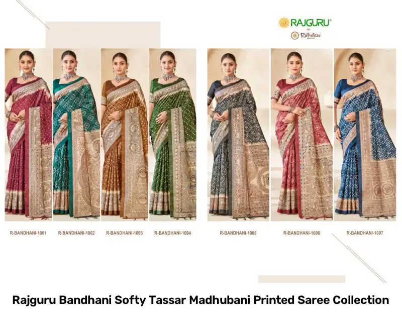 Rajguru Bandhani Softy Tassar Madhubani Printed Saree Collection - Image 4