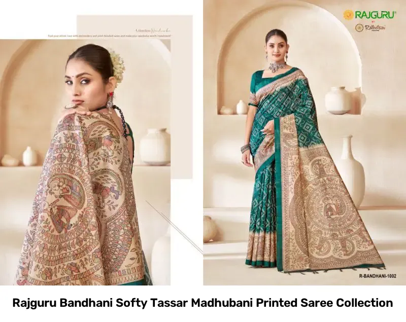 Rajguru Bandhani Softy Tassar Madhubani Printed Saree Collection - Image 5