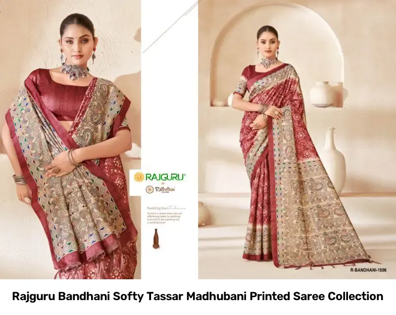 Rajguru Bandhani Softy Tassar Madhubani Printed Saree Collection - Image 6