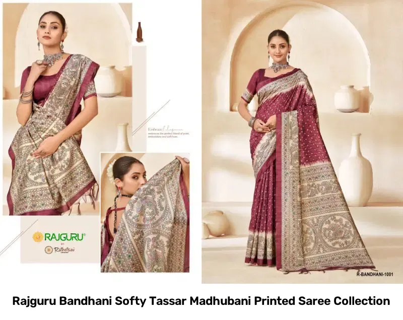 Rajguru Bandhani Softy Tassar Madhubani Printed Saree Collection - Image 7