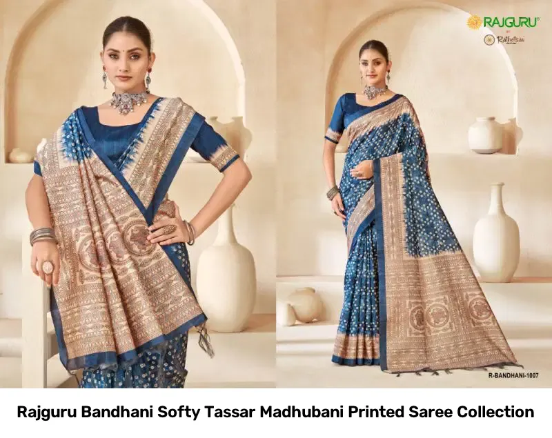 Rajguru Bandhani Softy Tassar Madhubani Printed Saree Collection - Image 8