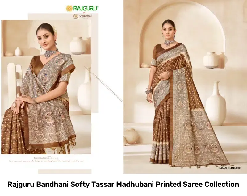Rajguru Bandhani Softy Tassar Madhubani Printed Saree Collection - Image 9