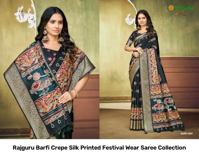 Rajguru Barfi Crepe Silk Printed Festival Wear Saree Collection - Image 11