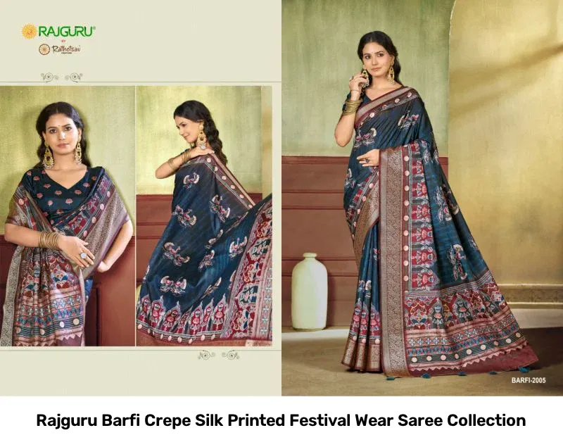 Rajguru Barfi Crepe Silk Printed Festival Wear Saree Collection - Image 2