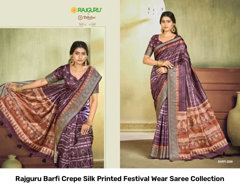 Rajguru Barfi Crepe Silk Printed Festival Wear Saree Collection - Image 3