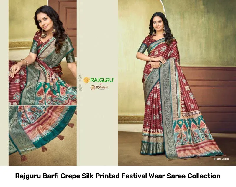 Rajguru Barfi Crepe Silk Printed Festival Wear Saree Collection - Image 4