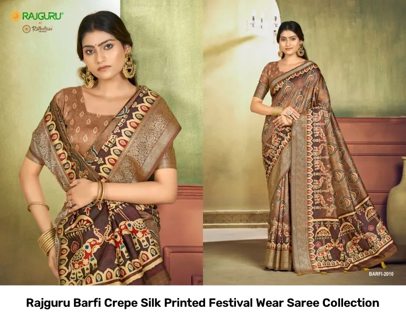 Rajguru Barfi Crepe Silk Printed Festival Wear Saree Collection - Image 5