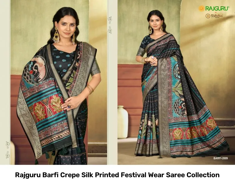Rajguru Barfi Crepe Silk Printed Festival Wear Saree Collection - Image 6