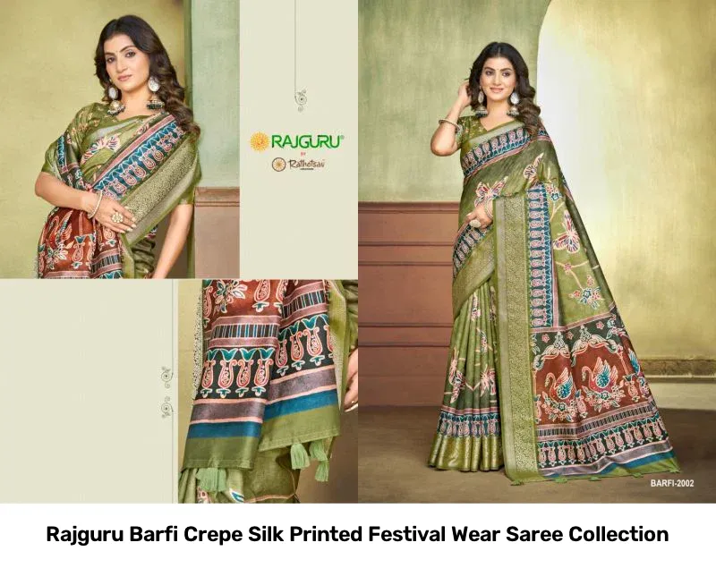 Rajguru Barfi Crepe Silk Printed Festival Wear Saree Collection - Image 7