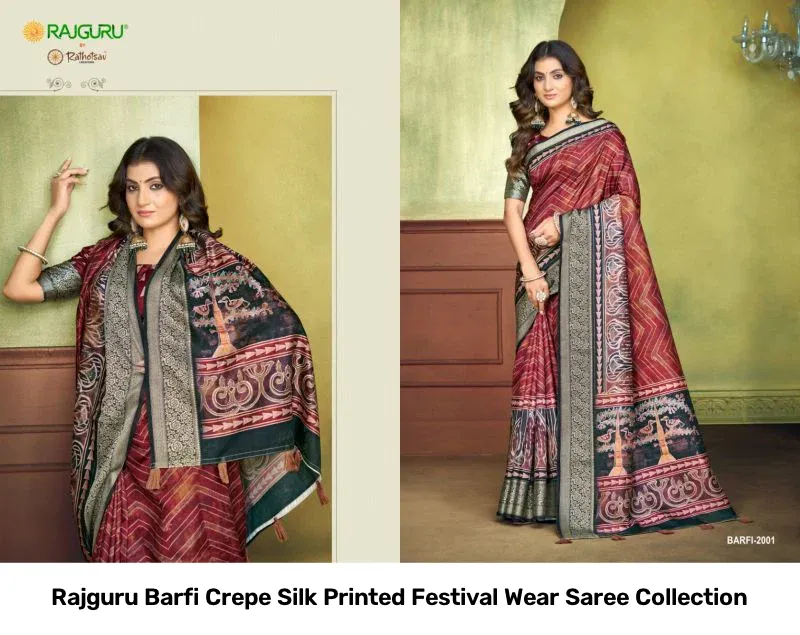 Rajguru Barfi Crepe Silk Printed Festival Wear Saree Collection - Image 9