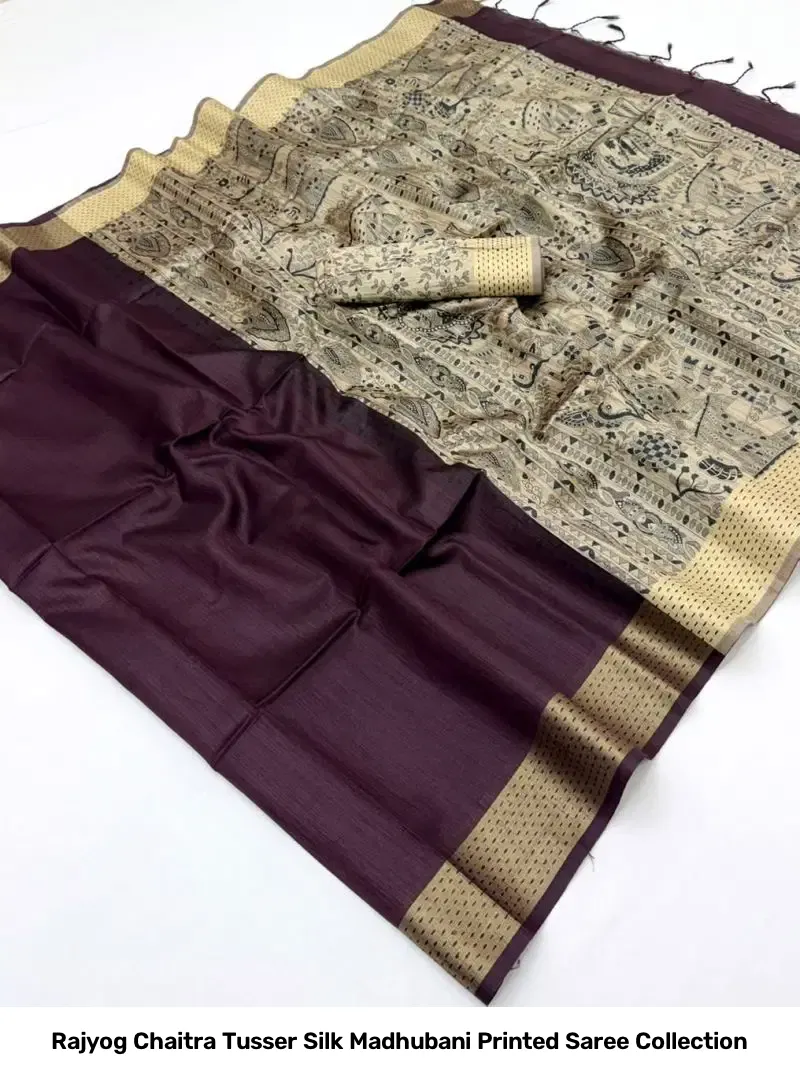 Rajyog Chaitra Tusser Silk Madhubani Printed Saree Collection
