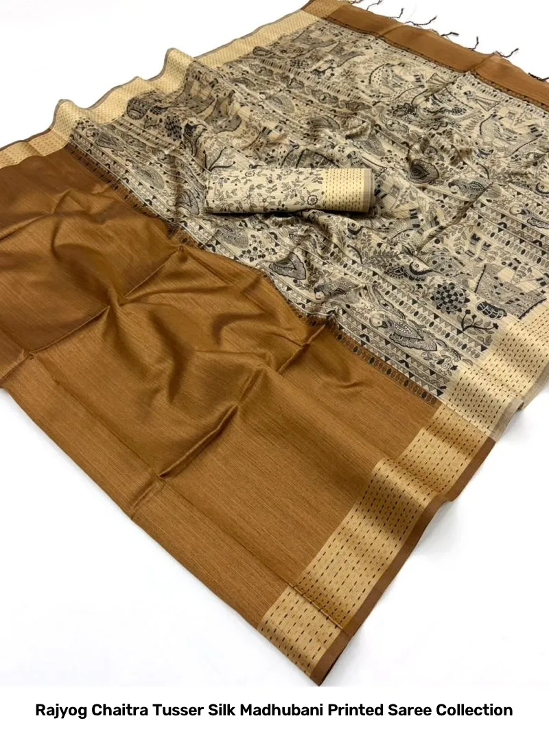 Rajyog Chaitra Tusser Silk Madhubani Printed Saree Collection - Image 12