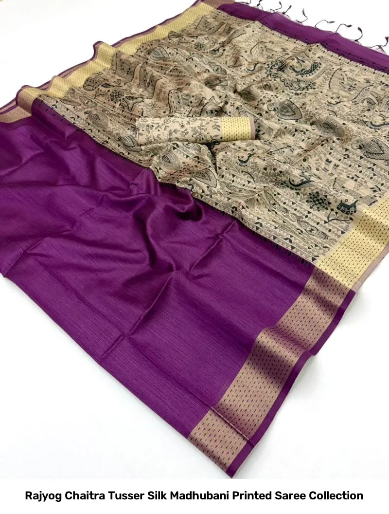 Rajyog Chaitra Tusser Silk Madhubani Printed Saree Collection - Image 15
