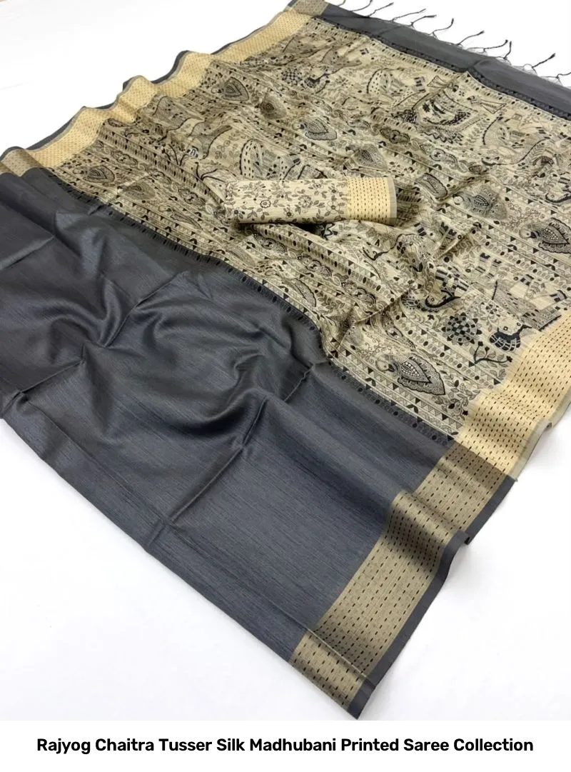 Rajyog Chaitra Tusser Silk Madhubani Printed Saree Collection - Image 2