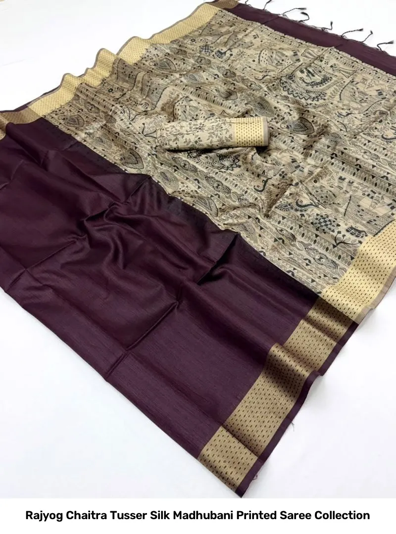 Rajyog Chaitra Tusser Silk Madhubani Printed Saree Collection - Image 9
