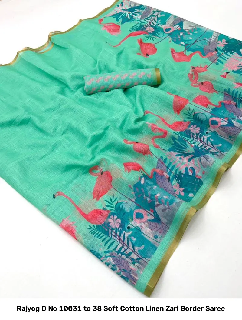 Rajyog D No 10031 to 38 Soft Cotton Linen Zari Border Saree - Image 11