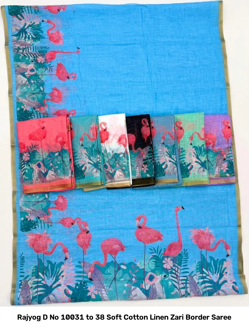 Rajyog D No 10031 to 38 Soft Cotton Linen Zari Border Saree - Image 14
