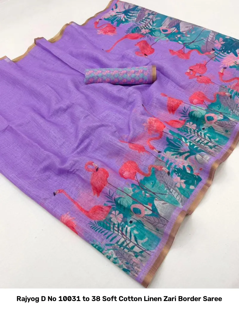 Rajyog D No 10031 to 38 Soft Cotton Linen Zari Border Saree - Image 15