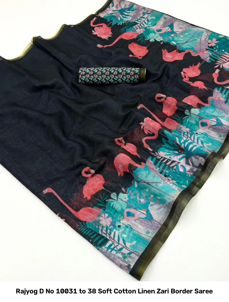 Rajyog D No 10031 to 38 Soft Cotton Linen Zari Border Saree - Image 16