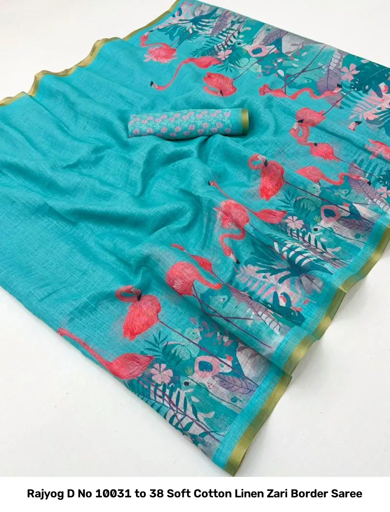 Rajyog D No 10031 to 38 Soft Cotton Linen Zari Border Saree - Image 17