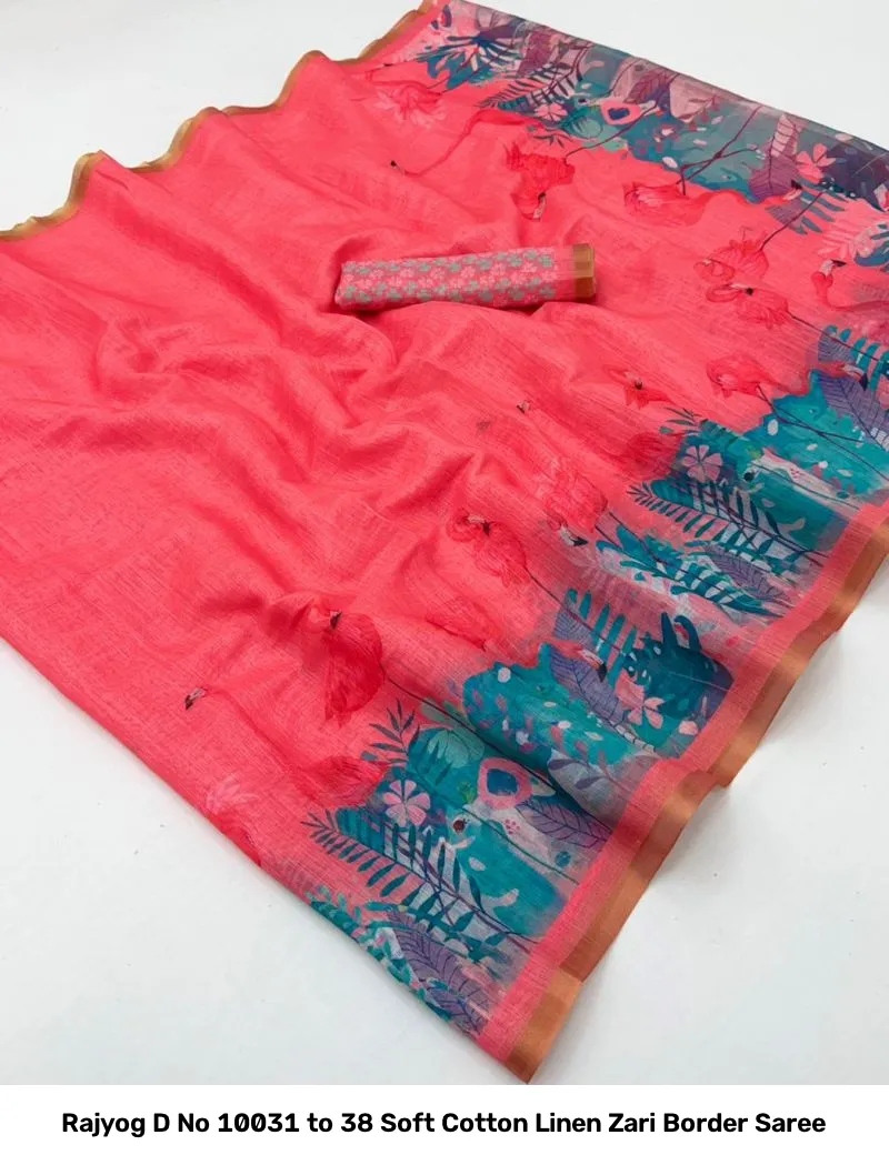 Rajyog D No 10031 to 38 Soft Cotton Linen Zari Border Saree - Image 18