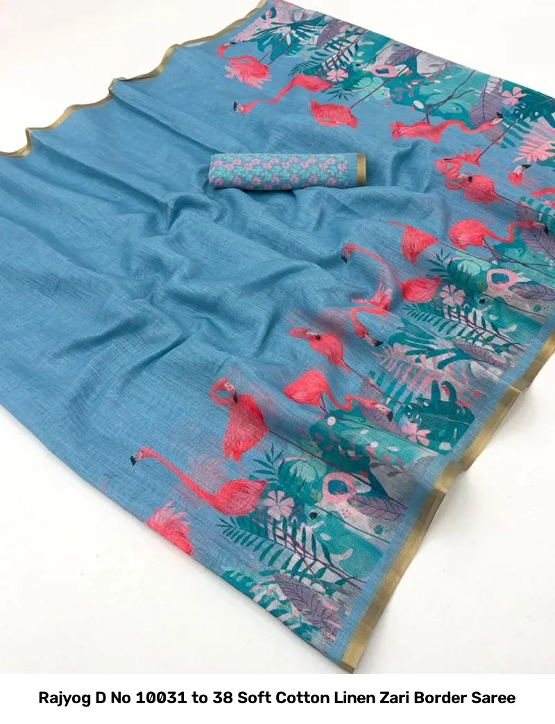 Rajyog D No 10031 to 38 Soft Cotton Linen Zari Border Saree - Image 2