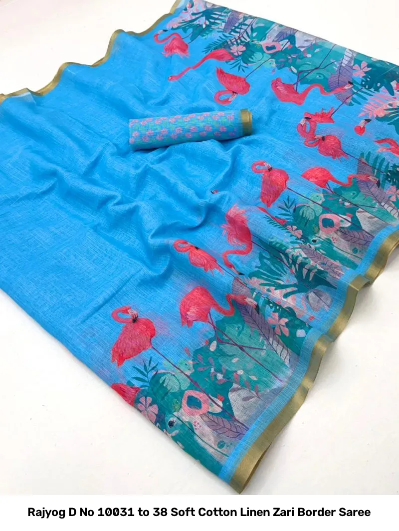 Rajyog D No 10031 to 38 Soft Cotton Linen Zari Border Saree - Image 3