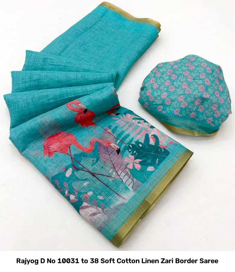 Rajyog D No 10031 to 38 Soft Cotton Linen Zari Border Saree - Image 5