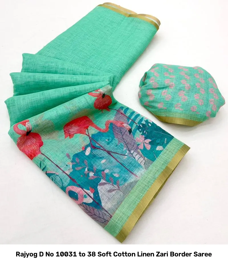 Rajyog D No 10031 to 38 Soft Cotton Linen Zari Border Saree - Image 7