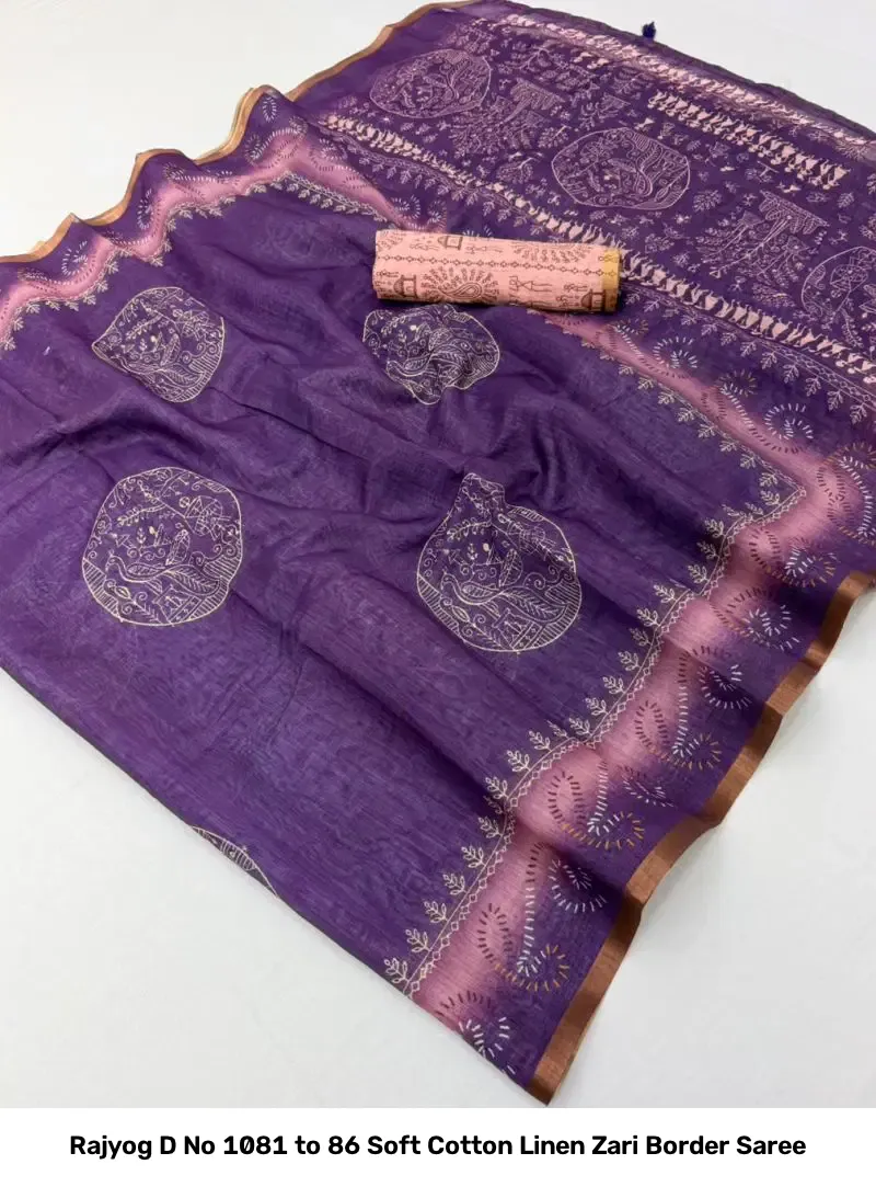Rajyog D No 1081 to 86 Soft Cotton Linen Zari Border Saree