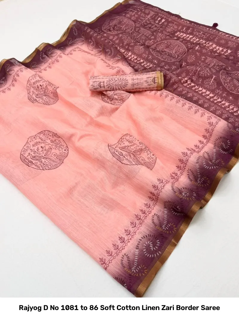 Rajyog D No 1081 to 86 Soft Cotton Linen Zari Border Saree - Image 12