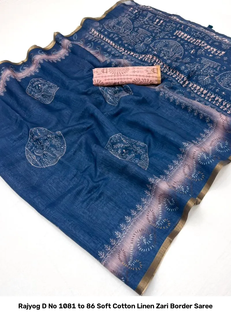 Rajyog D No 1081 to 86 Soft Cotton Linen Zari Border Saree - Image 13