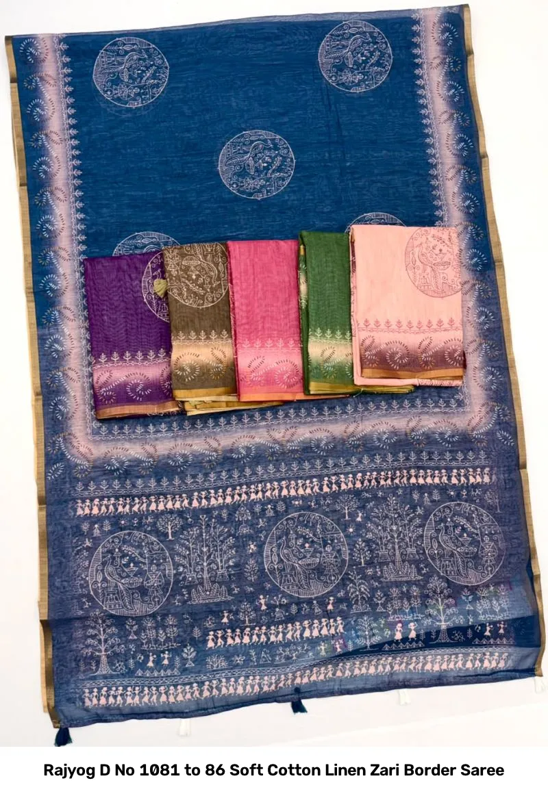 Rajyog D No 1081 to 86 Soft Cotton Linen Zari Border Saree - Image 2