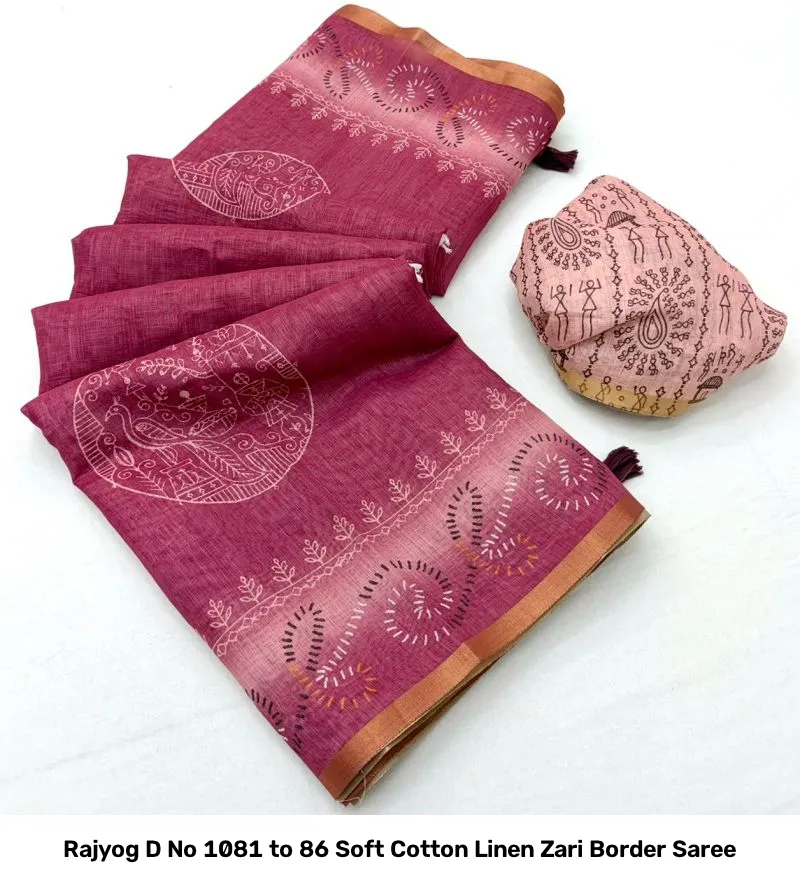Rajyog D No 1081 to 86 Soft Cotton Linen Zari Border Saree - Image 3