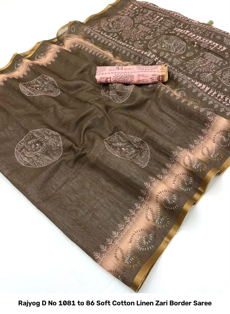 Rajyog D No 1081 to 86 Soft Cotton Linen Zari Border Saree - Image 4