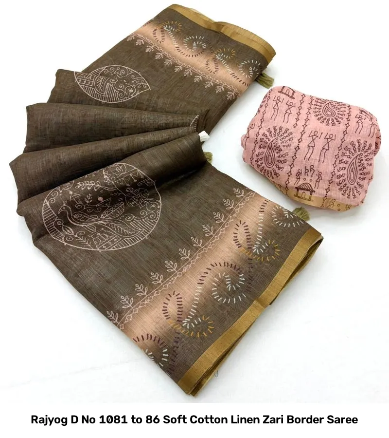 Rajyog D No 1081 to 86 Soft Cotton Linen Zari Border Saree - Image 5