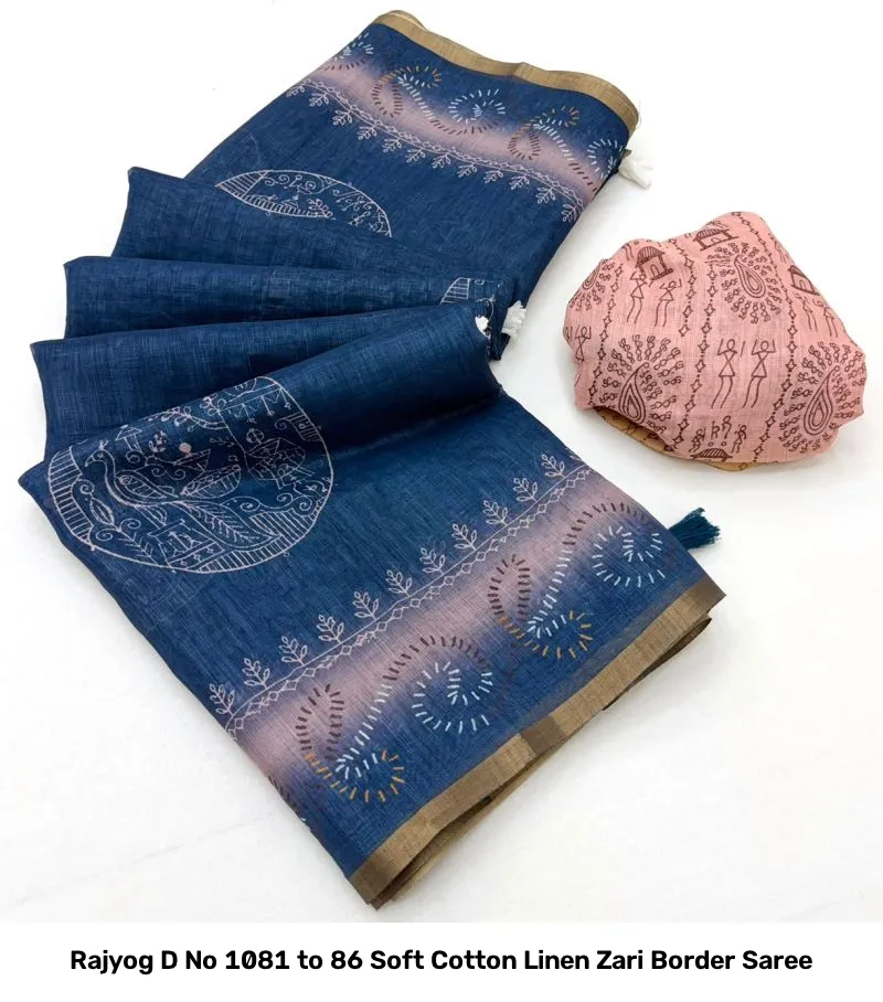 Rajyog D No 1081 to 86 Soft Cotton Linen Zari Border Saree - Image 6