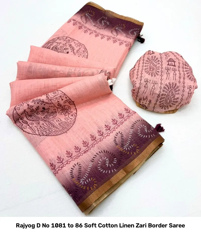 Rajyog D No 1081 to 86 Soft Cotton Linen Zari Border Saree - Image 9