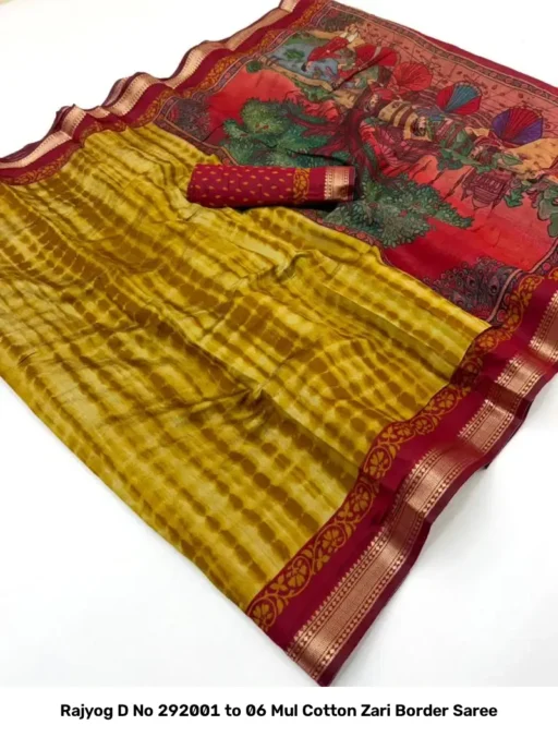 Rajyog D No 292001 to 06 Mul Cotton Zari Border Saree