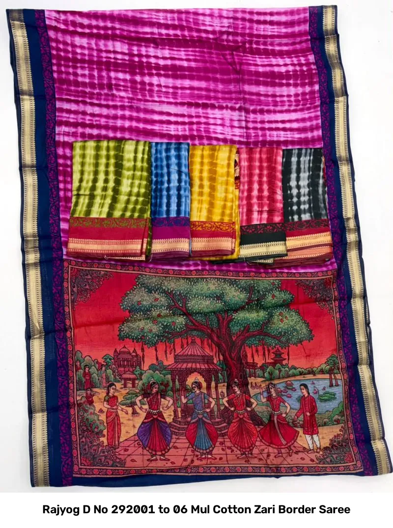 Rajyog D No 292001 to 06 Mul Cotton Zari Border Saree - Image 2