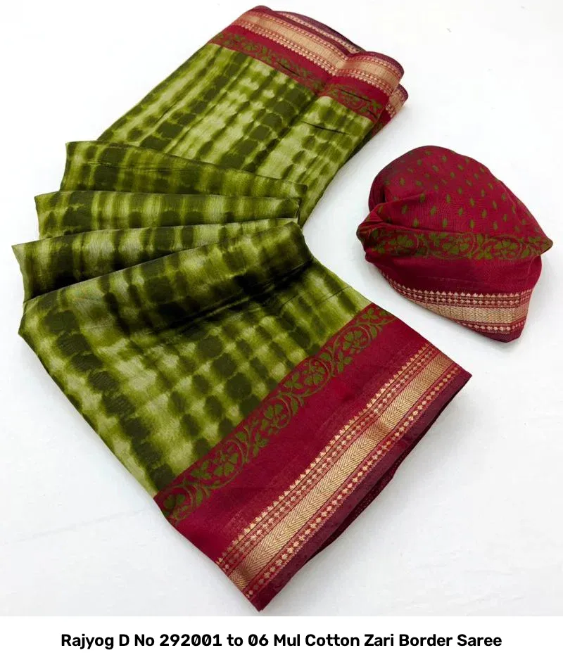 Rajyog D No 292001 to 06 Mul Cotton Zari Border Saree - Image 4