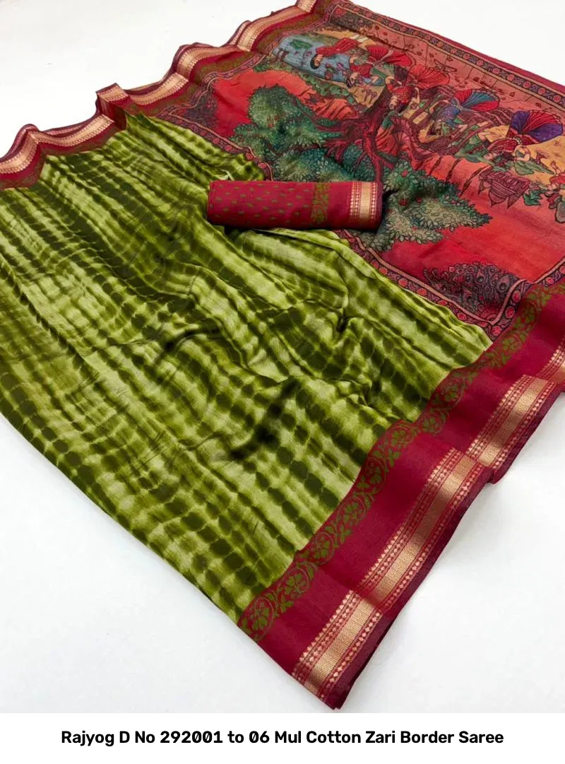 Rajyog D No 292001 to 06 Mul Cotton Zari Border Saree - Image 6